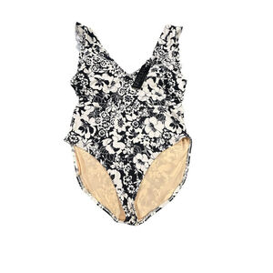 Catalina One Piece Swimsuit Womens L Floral Black White Tummy Control Ruffled